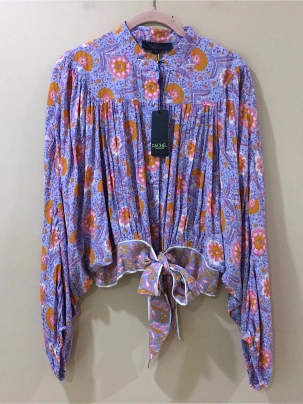 RACHEL Rachel Roy Lavender Floral Tie-Front Blouse with Mustard Accents